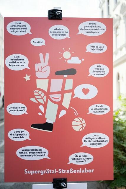 Das Straßenlabor lud in mehreren Sprachen dazu ein, sich bei der Gestaltung des Supergrätzls einzubringen. | Foto: René Brunhölzl