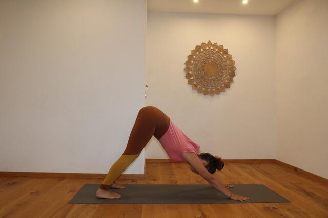 Yogalehrerin Daniela Hollaus zeigt vor, wie der herabschauende Hund aussieht.  | Foto: Daniela Hollaus