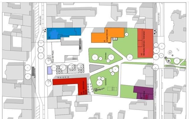 Gänserndorfs zukünftiges Zentrum: Rot - Café und Bibliothek, Blau - Zufahrt zur Parkgarage, Orange - Junges Wohnen, Hellrot - Betreutes Wohnen. | Foto: Gemeinde Gänserndorf
