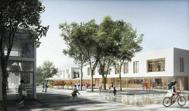 Zwischen Musikschule (links) und einem neuen Café wird sich der Eingang zum zukünftigen Hauptplatz befinden. | Foto: Visualisierung: Frank&amp;Sue