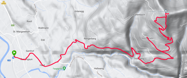 GPS-Aufzeichnung der Tour. Hinweis: Der abzweigende Ast hinauf nach Hochbrunn resultiert aus der Suche nach einem zusätzlichen Photomotiv und hat mit der beschriebenen Route nichts zu tun. Die Abzweigung und der Parkplatz liegt am scharfen Eck nach der deutlich erkannbaren Linkskehre.  | Foto: Thomas Neuhold