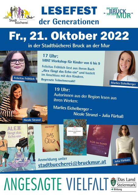 Das Lesefest der Generationen wartet am 21. Oktober mit Autorinnen aus der Region | Foto: Stadtbücherei Bruck an der Mur