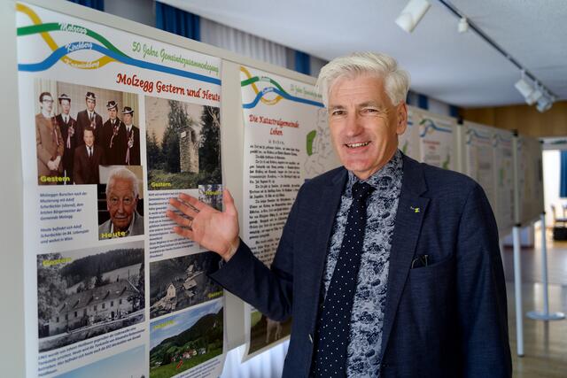 Bürgermeister Willibald Fuchs vor dem markanten Bild mit Molzegger Burschen bei der Musterung. | Foto: Santrucek