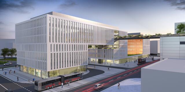 Das "Hafenportal" ist ein neues Bürogebäude mit einer Tiefgarage und sechs Oberetagen sowie einer Endhaltestelle für den öffentlichen Verkehr. Errichtet wird es von einem privaten Investor. Baustart erfolgte im Oktober 2021. | Foto: Hinterwirth