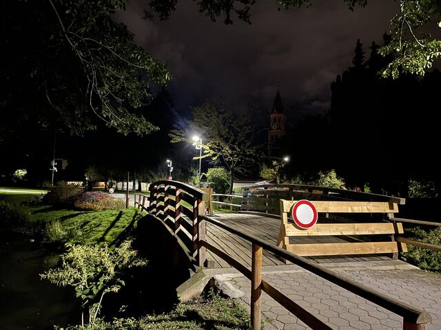 Die Holzbrücke ist eine essentielle Ader im Rapoldipark. Die Absperrung freut nicht wirklich, da für RadfahrerInnen keine Alternativen ausgewiesen werden.  | Foto: Czingulszki