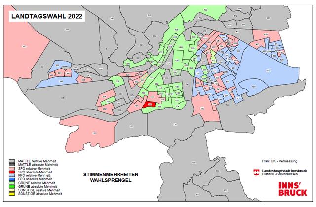 Übersicht über die Stimmenmehrheit in den Wahlsprengel in Innsbruck. | Foto: Amt für Statistik