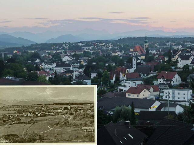 Sierning einst und jetzt, dazwischen liegen 90 Jahre. Das kleine Bild ist eine Ansichtskarte aus 1932. Großes Bild stammt aus 2022. | Foto: Erwin Brunmayr