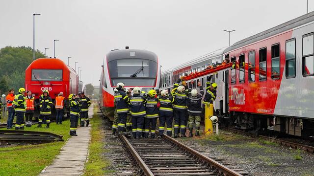 Die Feuerwehr-Einsatzkräfte übten auf dem Fehringer Bahnhofsgelände die Rettung verletzter Personen aus den Wagons. | Foto: BFVFB/C. Karner