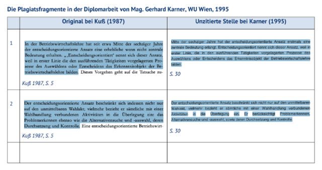 Ganze Absätze soll Karner damals von Kuß übernommen haben, ohne diese als Zitat zu kennzeichnen. | Foto: plagiatsgutachten.com