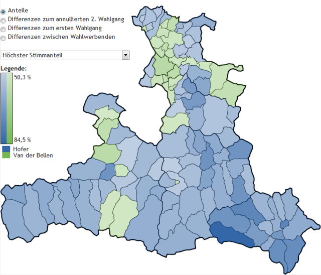 Rückblick: So wählten die Salzburger bei der Bundespräsidentenstichwahl am 4. Dezember 2016. Im Pongau gibt es mit Schwarzach eine einzige "grüne Gemeinde". | Foto: Land Salzburg Wahl-Statistik (Kartogramme)