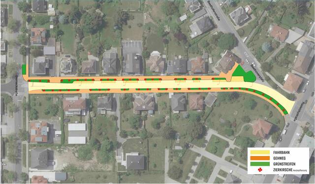 Der Straßenraum der Ferdinand-Jergitsch-Straße wird bis Mitte 2023 komplett neu gestaltet, eine Einbahnregelung von der Sterneckstraße aus wird eingerichtet. | Foto: Visualisierung: GIS Klagenfurt, StadtKommunikation