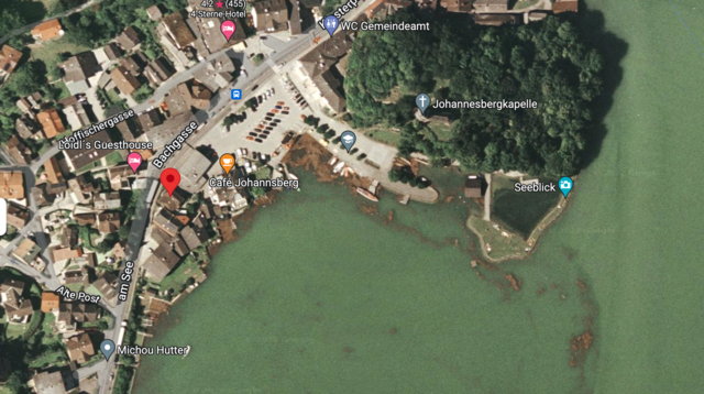 Das Schwemmholzproblem war auch in Traunkirchen schon dramatischer, wie eine GoogleMaps-Aufnahme zeigt. | Foto: Screenshot GoogleMaps