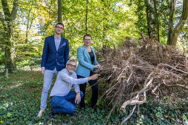 Klimastadträtin Eva Schobesberger, Thomas Schiefecker (links) und Friedrich Schwarz gemeinsam beim Wurzelstock Albert, der kürzlich vom afo in den Botanischen Garten übersiedelt ist. | Foto: Werner Harrer