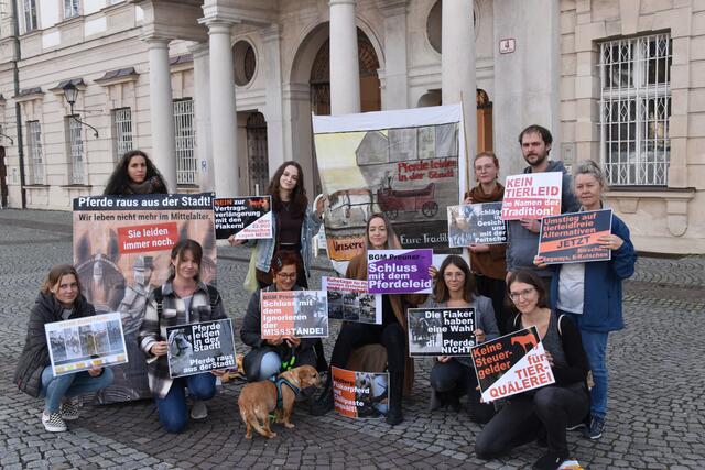 Elf Aktivisten des VGT protestierten am Donnerstag vor dem Schloss Mirabell gegen die Salzburger Fiaker. | Foto: Philip Steiner