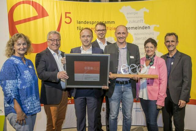 Kürzlich wurde Hallwang beim Energiegemeindetag erstmals zertifiziert und erhielt auf Anhieb 3 e. Von links: Christine Schnell, LH-Stv. Heinrich Schellhorn, Bürgermeister Johannes Ebner, Gerhard Langegger, Thomas Renezeder, Vizebürgermeisterin Bettina Hauser und Helmut Strasser. | Foto: Land Salzburg/Neumayr/Leopold