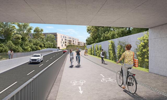 Der neue Radweg soll baulich getrennt sein und von der Waagner Biro Straße über den Kalvariengürtel bzw. in die Fröbelgasse fortgesetzt werden. | Foto: Nonstandard (Visualisierung)