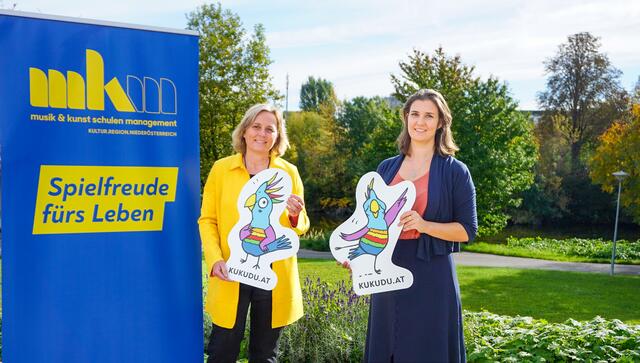 Michaela Hahn, Geschäftsführerin Musik &amp; Kunst Schulen Management Niederösterreich, (Bild li) und Veronika Larsen, Bereichsleiterin Lehre &amp; Vermittlung präsentieren das neue Kunst &amp; Kultur Vermittlungsprogramm KUKUDU. | Foto: MKM