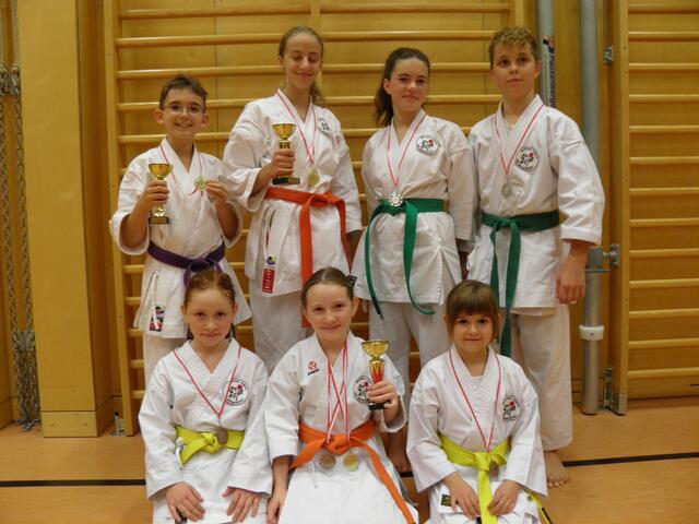 1. Reihe vorne: Amelie Hinterberger, Mia Hinterberger und Laura Willinger. (v. l.)
2. Reihe hinten: Raphael Feichtinger, Sophia Huber, Elina Hörmandinger, Clemens Flattinger. (v. l.)  | Foto: UKC Grieskirchen