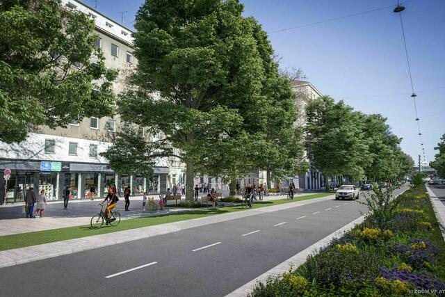Mehr Platz für Radfahrer und viel Grün: Mit der Sanierung der Praterstraße gehen viele Erneuerungen einher. Die Bauarbeiten sollen 2023 starten.  | Foto: ZOOMVP/Mobag (Visualisierung)