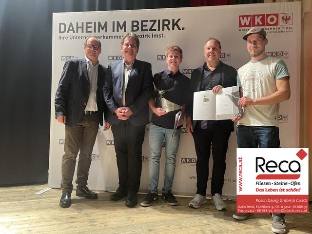 Landessieger &amp; 3. Platz: David Eller (Hafner im 2. Lehrjahr) mit Reca-Chef Georg Posch, Bgm. Josef Knabl und Ausbildner Markus Neuner.