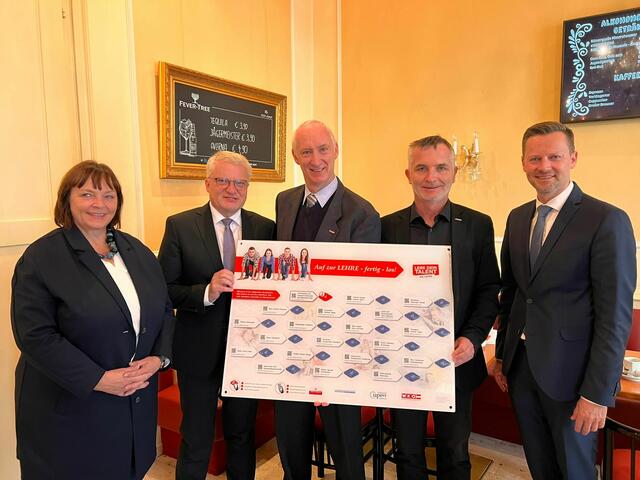 Von links: Elisabeth Wolfsegger (AMS), Bürgermeister Klaus Luger, Klaus Schobesberger und Thomas Denk (WKO Linz-Stadt), Christian Altmann (Business Upper Austria). | Foto: Streif