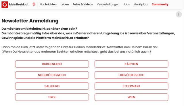 Bei der Newsletter-Anmeldung kannst du dein Bundesland auswählen. | Foto: MeinBezirk.at Screenshot