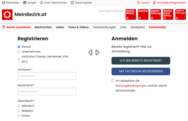 Wenn du noch kein User bist, fülle die Felder in unter "Registrieren" aus. | Foto: MeinBezirk.at Screenshot