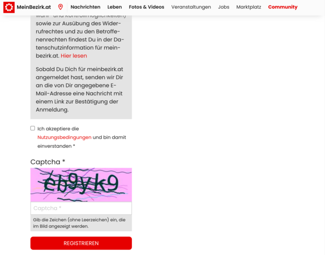 Zum Schluss akzeptiere die Nutzungsbedingungen und gib die richtige Tastenkombination, die dann bei dir angezeigt wird, an. Klicke auf "Registrieren" - fertig! | Foto: MeinBezirk.at Screenshot