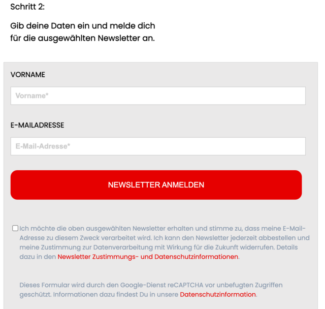 Im 2. Schritt gib deine Daten ein und setze unter dem Button "Newsletter anmelden" das Häkchen, um deine Zustimmung zu geben. Geschafft! | Foto: MeinBezirk.at Screenshot