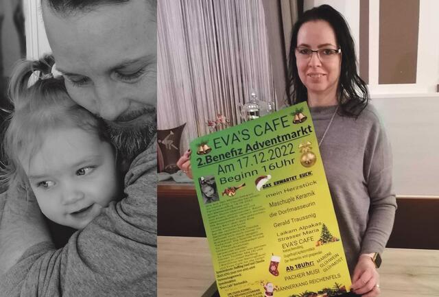 Josef Raffling und Tochter Mia wünschen sich, dass Ehemann und Mutter Claudia bald wieder nach Hause kann. Eva Sturm von Eva's Cafe in Reichenfels (rechts) hilft mit einem Benefiz-Adventmarkt. | Foto: Privat