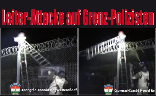 Mit einem Schild wehrt der Polizist die Attacke mit der Leiter ab, um dann Pfefferspray einzusetzen. | Foto:  Police Hungary / YouTube