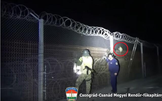 Grenzschützer am Stacheldrahtzaun werden mit Steinen und Ästen beworfen. | Foto:  Police Hungary / YouTube