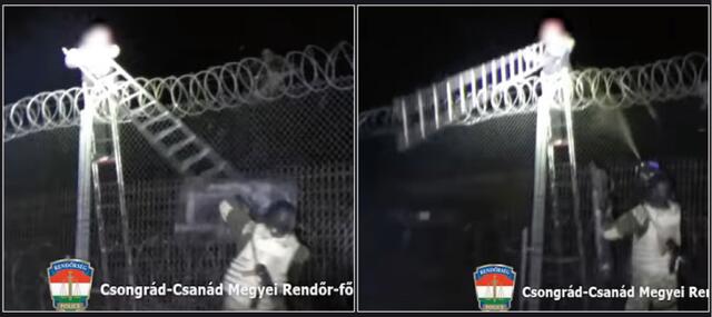 Mit einem Schild wehrt der Polizist die Attacke mit der Leiter ab, um dann Pfefferspray einzusetzen. | Foto: Police Hungary / YouTube