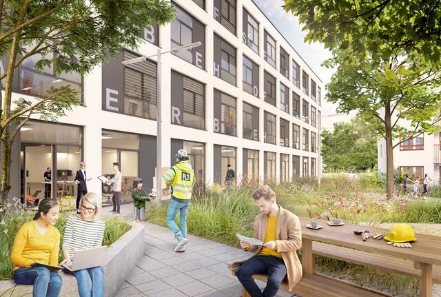 So soll das Miteinander im Gewerbehof in der Seestadt künftig gestaltet werden.  | Foto: Wirtschaftsagentur Wien / alice-vis.com
