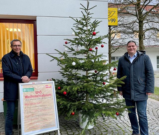 Auch in den Gemeinden von Landtagsabgeordneten Thomas Antlinger (rechts) und Bürgermeister Klaus Höllerl (links) wird jedes Jahr ein SPÖ-Weihnachtsbaum – heuer zugunsten der „Herzkinder Österreich“ - aufgestellt. Die Bevölkerung ist eingeladen, Gutes zu tun und für Kinder mit Herzerkrankungen zu spenden. | Foto: SPÖ Grieskirchen/Eferding
