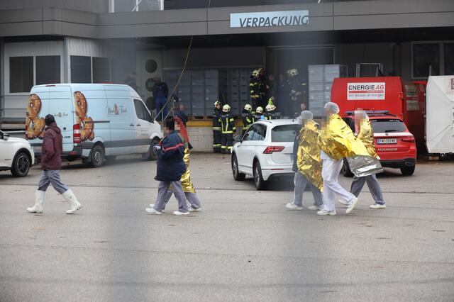 Nach einem Ammoniak-Austritt beim Resch&amp;Frisch Produktionsbetrieb in Wels-Schafwiesen kam es zu einem Großeinsatz der Einsatzkräfte. Die Betriebsstätte musste evakuiert und Verletzte versorgt werden. | Foto: laumat.at