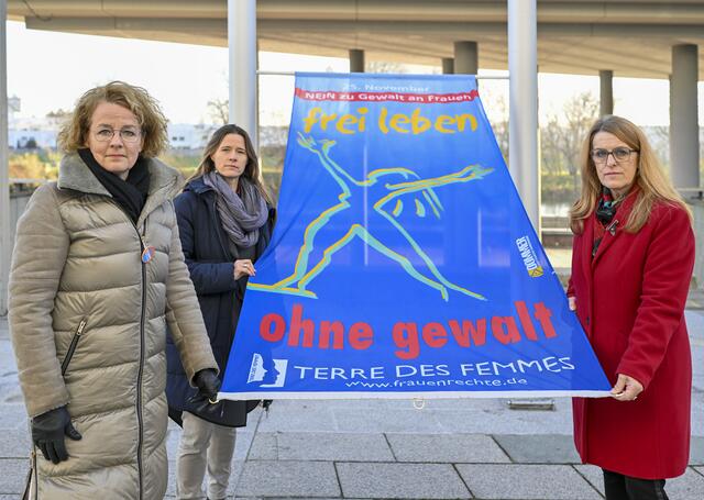 Landesrätin Christiane Teschl-Hofmeister, Geschäftsleiterin Elisabeth Cinatl (Verein wendepunkt – Frauen für Frauen und Kinder) und Landesrätin Ulrike Königsberger-Ludwig hissen gemeinsam die Fahne „Gewalt frei leben“.  | Foto: NLK Filzwieser