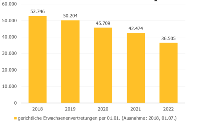 Zum Stichtag 01.01.2022 gab es in Österreich insgesamt 36.505 gerichtliche Erwachsenenvertretungen. Das ist ein Rückgang um rd. 31 Prozent seit die gerichtliche Erwachsenenvertretung an die Stelle der stark kritisierten Sachwalterschaft trat.  | Foto: VertretungsNetz