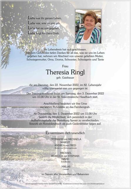 Theresia Ringl ✝︎ 22. November 2022