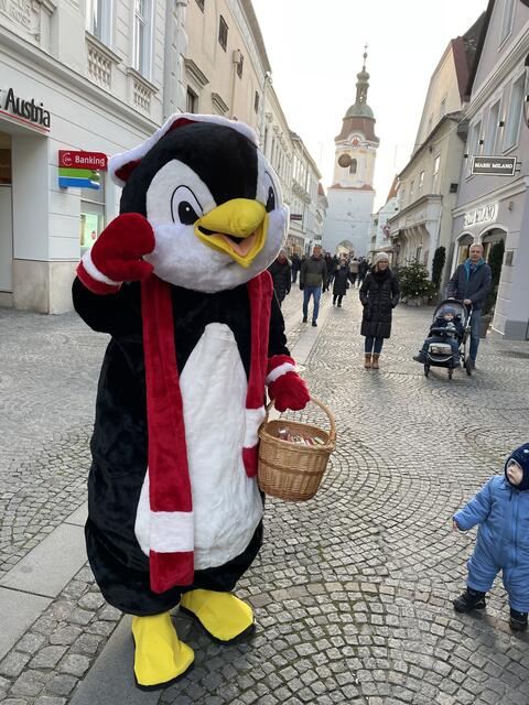 Der Weihnachtspinguin verteilte Süßes beim Zauberhaften Avent in Krems.