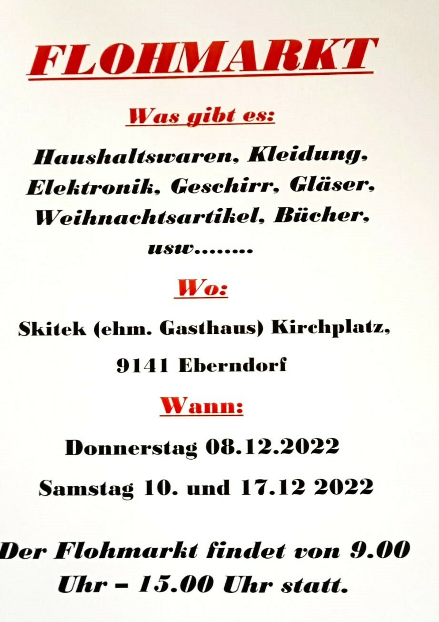 Eberndorf Flohmarkt in Eberndorf auch am 8., 10. und 17. Dezember