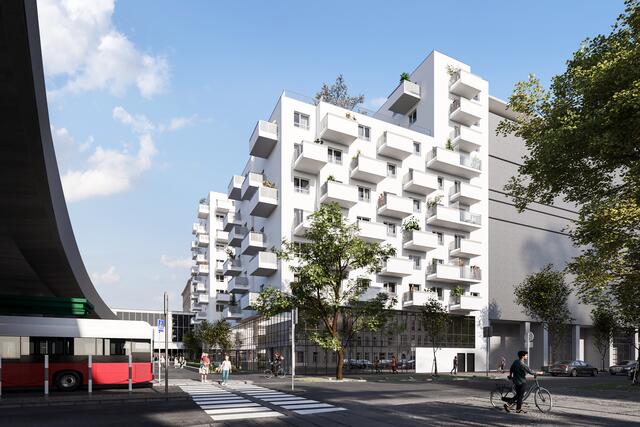 Direkt bei der Öffi-Station Handelskai wurde das neue Wohnhaus "Kay" fertiggestellt. Eine Anmeldung für die 128 Mietwohnungen ist ab sofort möglich. | Foto: teamneunzehn/GS Visuals