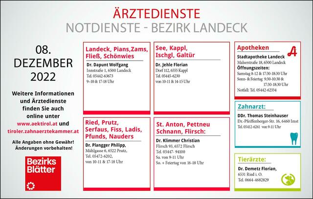 Die Notdienste im Bezirk Landeck für Samstag, 10. Dezember und Sonntag, 11. Dezember. | Foto: BezirksBlätter Landeck