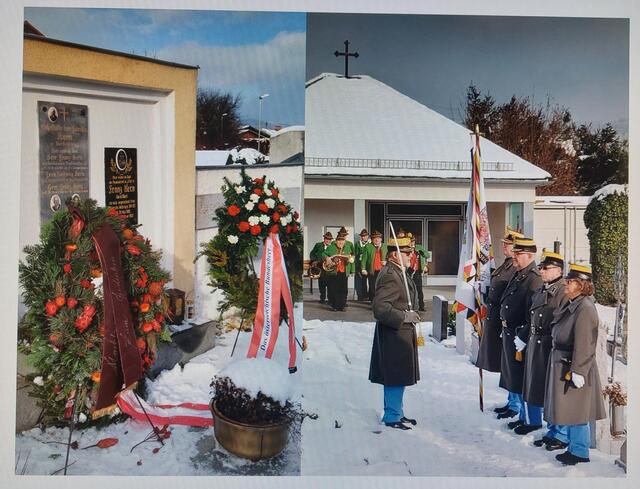 Die Fahnen-Abordnung des Traditionscorps IR 14 Hessenbund Wels vor dem Ehrengrab von Franz Kern in Ulrichsberg. | Foto: TC/HB Wels