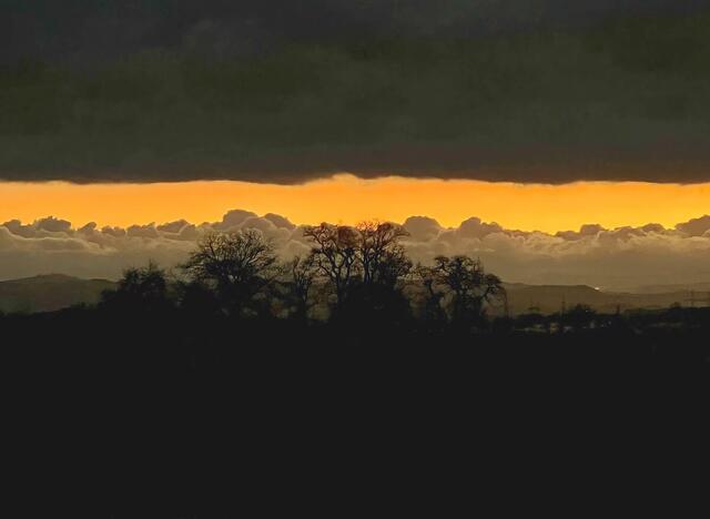 Im Vordergrund Felder mit Bäumen, mittig ein Wolkenfenster mit Sonnenuntergang, oberhalb eine dichte Bewölkung die sich Richtung Osten bewegte.

 | Foto: Franz Dörr