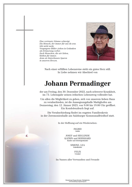 Johann Permadinger ✝︎ 30. Dezember 2022 | Foto: Hoppenberger