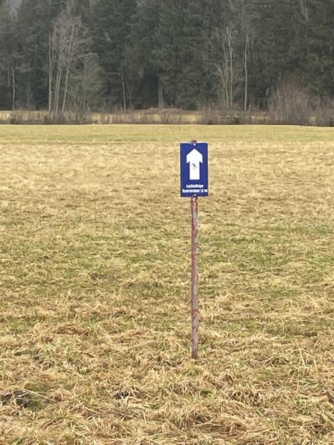 Richtungsangabe für Langläufer: Die Richtung stimmt, Loipe gibt es aber weit und breit keine.