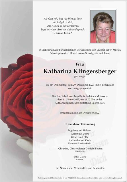 Katharina Klingersberger ✝︎ 29. Dezember 2022 | Foto: Heller-Sporer