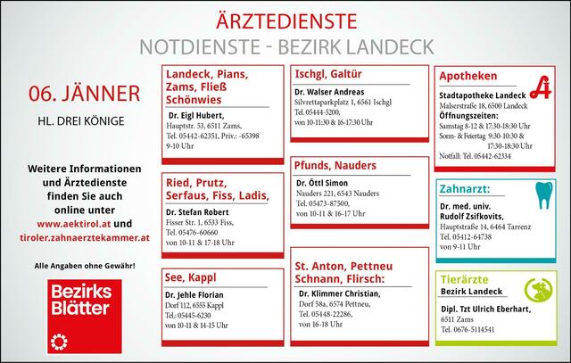 Feiertagsdienste für Heilige Drei Könige (6. Jänner). | Foto: BezirksBlätter Landeck