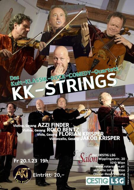 Sprengen die Genre-Grenzen im Spagat von Mozart bis Falco: die legendärem KK-Strings.  | Foto:  © Fotos: privat; Plakat: OESTIG